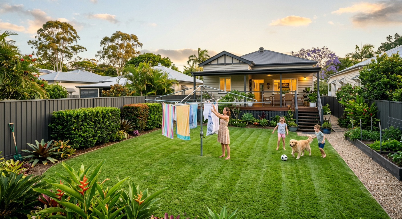 Neatly mown suburban backyard with trimmed hedges