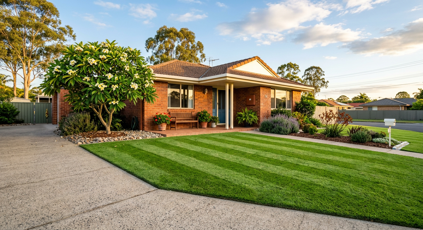 Freshly striped front lawn outside a brick home in Caboolture